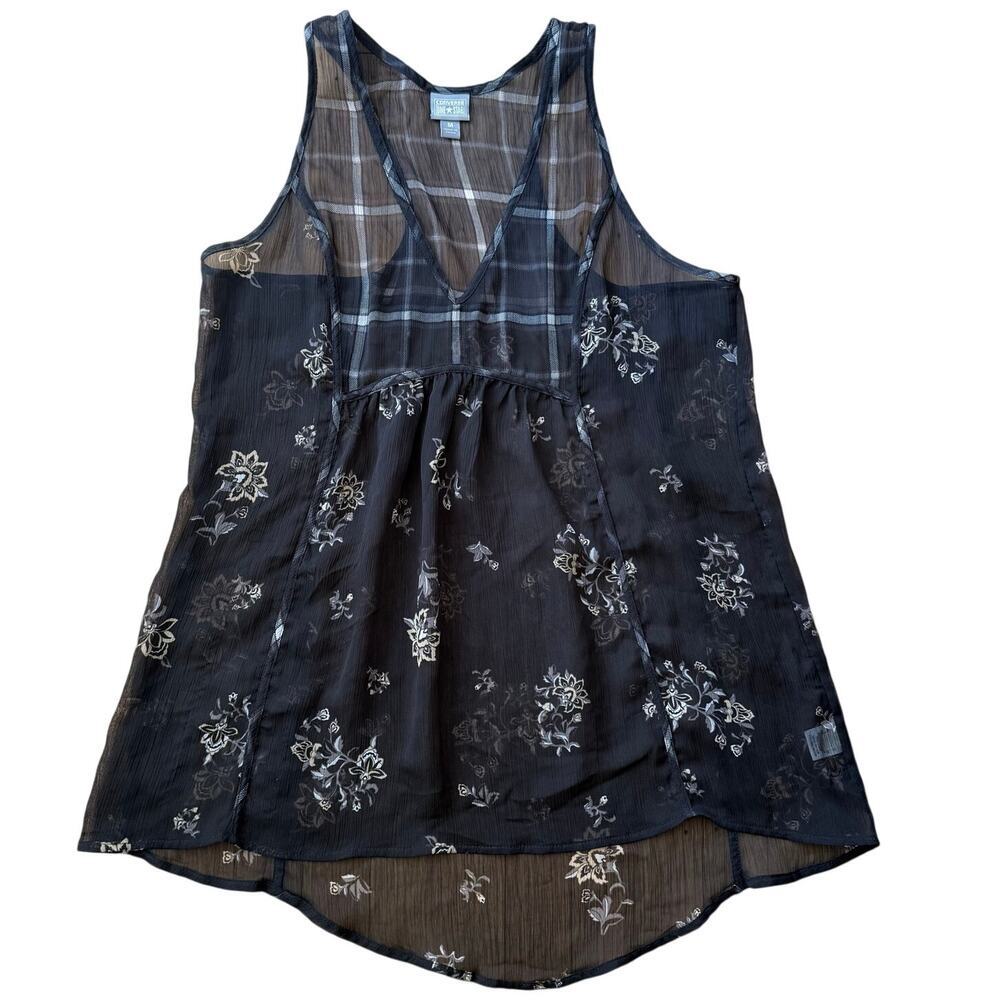 Converse Black Sheer Plaid Floral Racerback Top Sz M 90's Y2K Goth Indie Sleeze